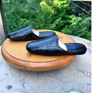 Vintage Black Leather House Mules Women Size 10 Square Toe Patchwork Slippers